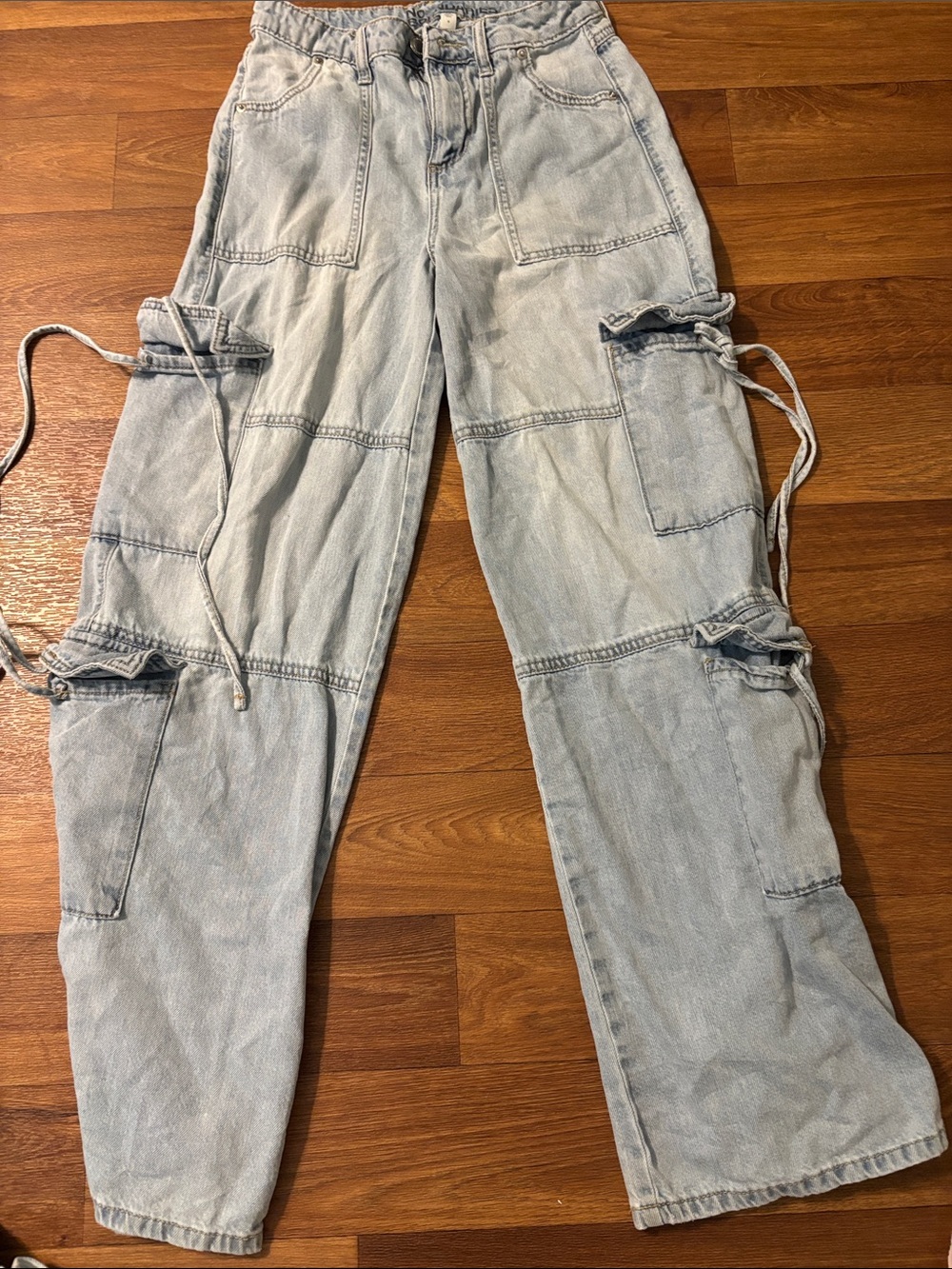 No Boundaries Light Blue Denim Cargo Jeans with Tie Details